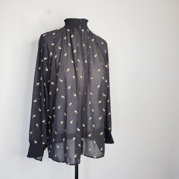 CABI Cottagecore Embroidered Floral Black Chiffon Top Blouse - Picture 4 of 10